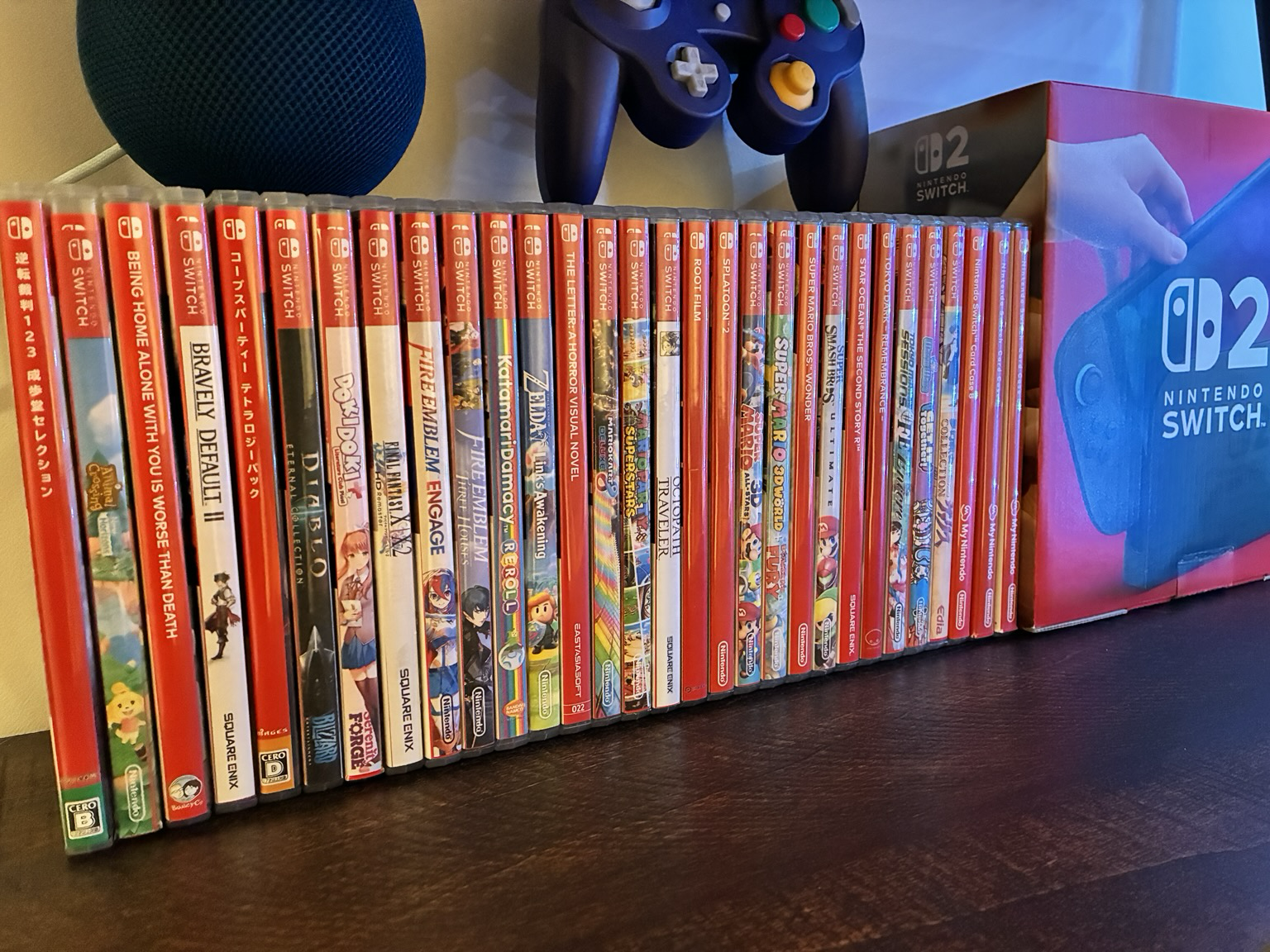 A row of Nitnendo Switch games with custom spines printed for them