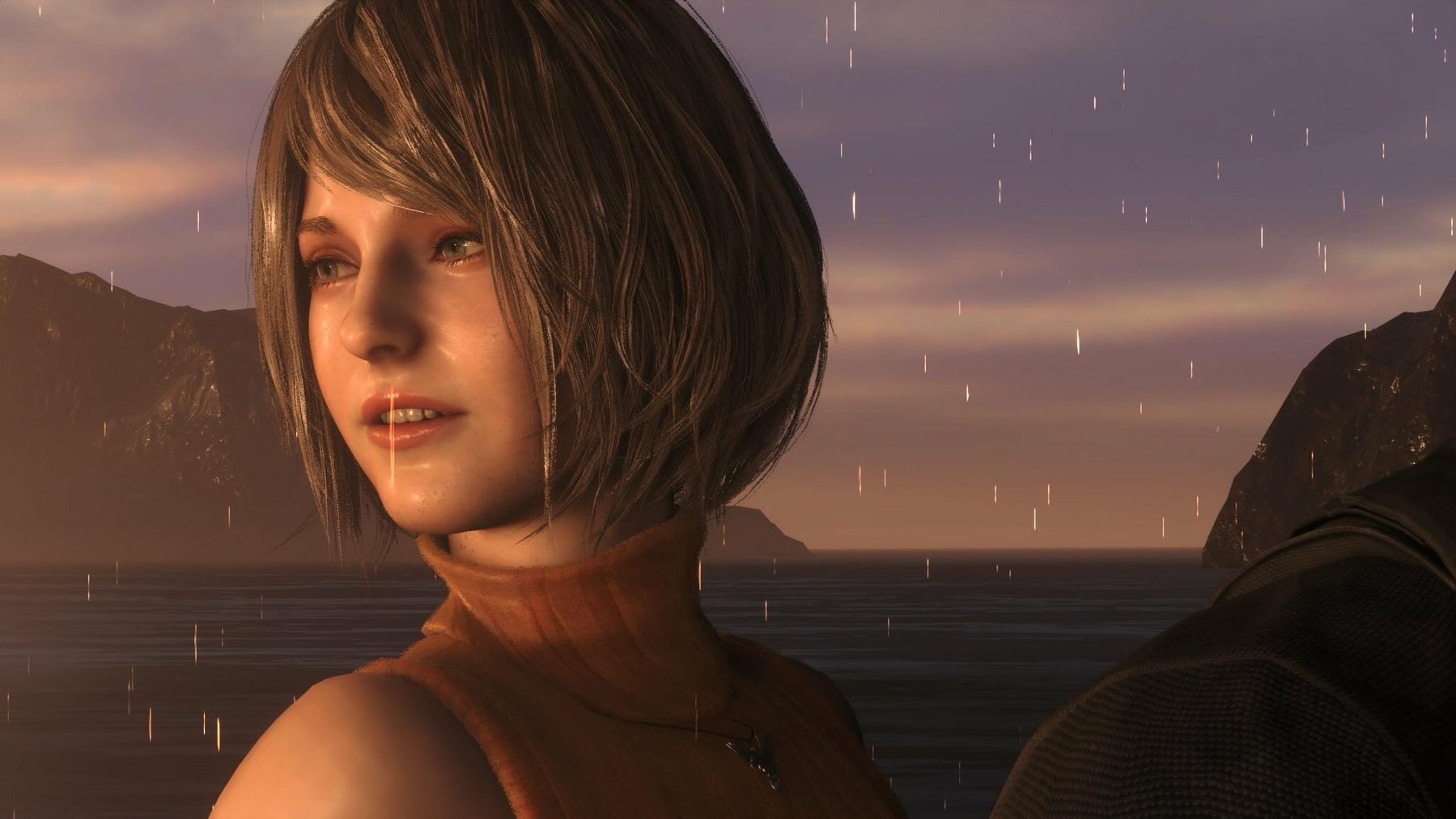 Screenshot of Resident Evil 4, showing the character Ashley against a vibrant sunset.